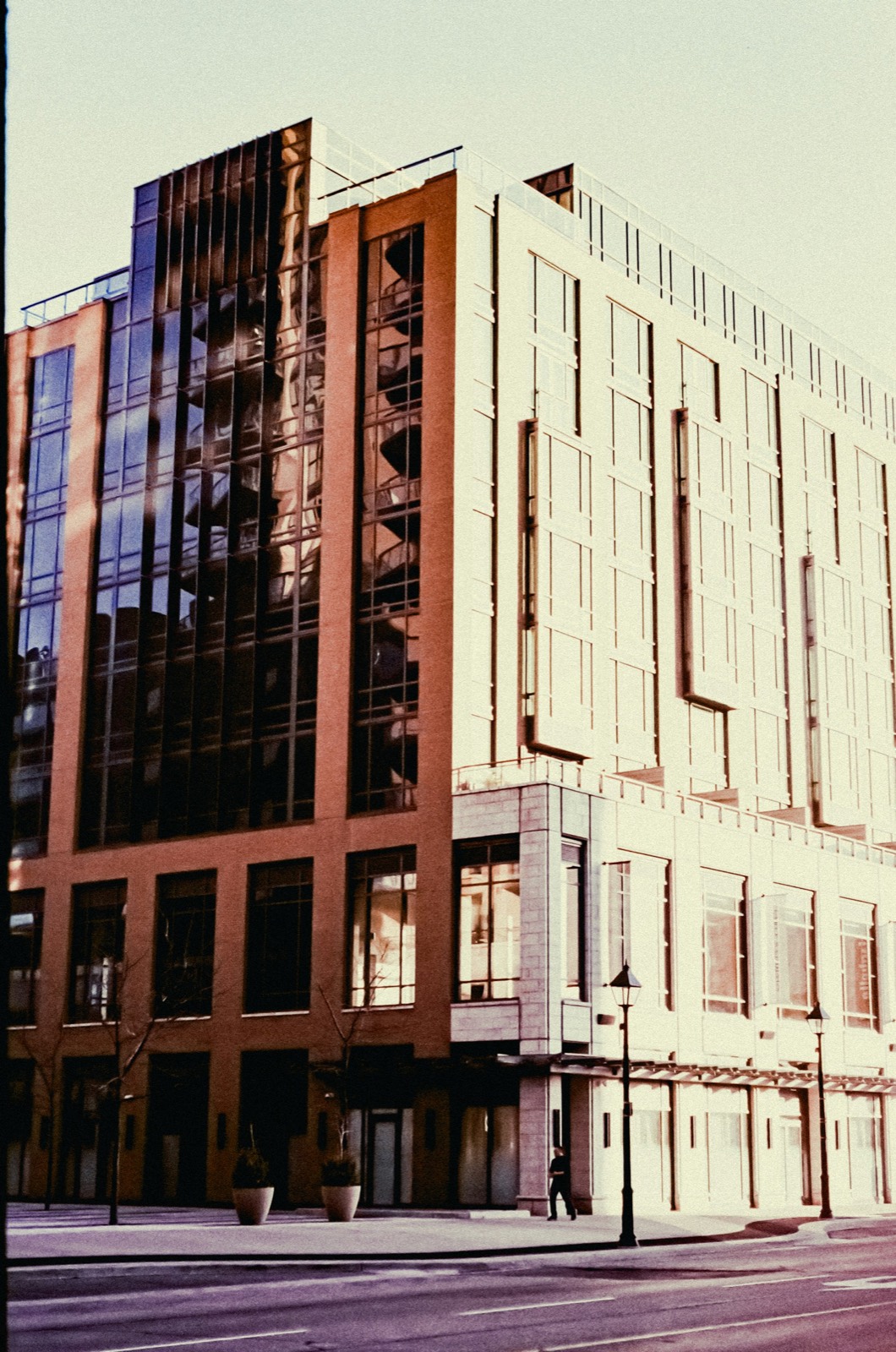 A contemporary office building at dusk
